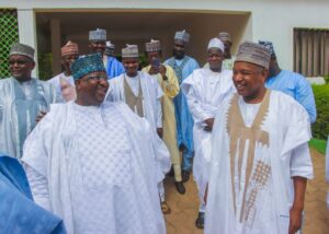 In Kebbi Governor of Kebbi State, Dr Nasir Gwandu, (left) and Minister of Budget and Economic Planning, Senator Abubakar Bagudu, during the Eid-el-Fitr, in Kebbi, Kebbi State on Wednesday 10/10/24 PHOTO: FMBEP