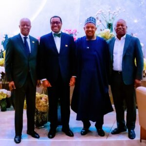 L-R: Minister of Finance and Coordinating Minister for the Economy, Mr Olawale Edun; President, African Development Bank, Dr Akinwunmi Adesina; Minister of Budget and Economic Planning, Senator Abubakar Bagudu; and Group Chief Executive, Oando Plc, Mr Wale Tinubu, at the celebration of Islamic Development Bank at 50 on the sidelines of the World Economic Forum in Riyadh, Saudi Arabia on Monday 29/04/24