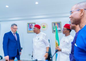 L-R: Russian Trade Commissioner in Nigeria, Mr. Max. Patrov, Governor Hope Uzodimma of Imo State, Sen. Patrick Ndubueze, and Special Adviser Abuja Liaison, Ambassador Humphrey Orjiakor when Uzodimma met with Patrov in Abuja