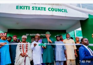 Governor Oyebanji while inaugurating a new office complex built by the Ekiti state Chapter of NURTW in Ado Ekiti