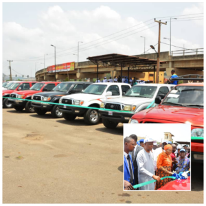 The security vehicles being commissioned by Deputy Governor Afuye (inset)