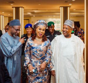 L-R: Minister of Environment, Dr Balarabe Lawal; Minister of Women Affairs, Mrs Uju Kennedy-Ohanenye; and Minister of Budget and Economic Planning, Senator Abubakar Bagudu, during the launch of the National Guidelines for Women and Girls Empowerment for Optimal Nutrition, in Abuja on Tuesday