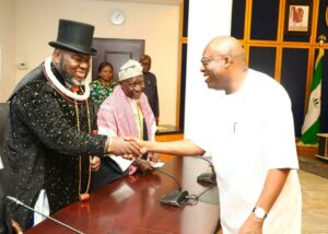 Governor Siminalayi Fubara of Rivers State shaking hands with, ex-militant Asari Dokubo, a devout Muslim among the Muslim Ummah delegation to Government House.