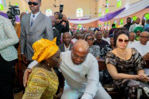 Governor Hope Uzodimma of Imo State acknowledges greetings from his Deputy, Lady Dr Chinyere Ekomaru while the Governor's wife, Chioma (right) watches in admiration at the Thanksgiving Service in honour of the Imo State Deputy Governor at St. Barnabas Anglican Church, Obeakpu Umunoha Mbaitoli LGA of Imo State... Sunday.