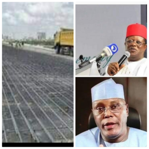Minister of Works, David Umahi, top right; Atiku Abubakar, and Lagos-Calabar Costal Road under construction, left.