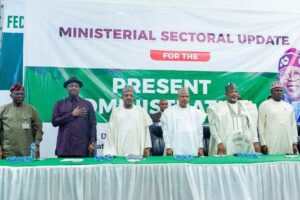 L-R: Special Adviser to the President on Information and Strategy, Mr Bayo Onanuga; Minister of Aviation and Aerospace Development, Mr Festus Keyamo SAN; Minister of Budget and Economic Planning, Senator Abubakar Bagudu; Minister of Information and National Orientation, Mr Mohammed Idris; Minister of Agriculture and Food Security, Senator Abubakar Kyari; and Minister of State for Agriculture and Food Security, Senator Aliyu Abdullahi, during the ministerial update on the achievements of the President Bola Tinubu administration in Abuja on Monday 27/05/2024