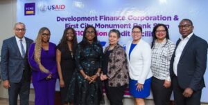 The Managing Director of First City Monument Bank (FCMB), Mrs. Yemisi Edun and Mission Director of the United States Agency for International Development (USAID), Melissa Jones, during the signing of a partnership agreement to facilitate $10 million in new loans for underserved borrowers, MSMEs in the health sector and informal businesses from all sectors of the economy on Wednesday, May 8, 2024, in Lagos