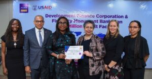 From left: Head, International Funding and DFIs, First City Monument Bank (FCMB), Mrs. Olubunmi Smith; Group Head, Business Banking, Mr. George Ogbonnaya; Managing Director of the Bank, Mrs. Yemisi Edun; Mission Director of the United States Agency for International Development (USAID), Melissa Jones; Private Enterprise Officer of the Agency, Rose Quispe-Lopez; Deputy Political and Economic Section Chief Economic Officer, United States Consulate General, Lagos, Kenise Hill and Contracting Officer, USAID, Ani Strakosha,, during the signing of a partnership agreement to facilitate $10 million in new loans for underserved borrowers, MSMEs in the health sector and informal businesses from all sectors of the economy on Wednesday, May 8, 2024, in Lagos.