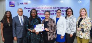 From left: Head, International Funding and DFIs, First City Monument Bank (FCMB), Mrs. Olubunmi Smith; Group Head, Business Banking, Mr. George Ogbonnaya; Managing Director of the Bank, Mrs. Yemisi Edun; Mission Director of the United States Agency for International Development (USAID), Melissa Jones; Director, Relationships, U.S. International Development Finance Corporation (DFC), Christina Cairns and African Investment Adviser, DFC, Michelle Patrick-Akinrinade, during the signing of a partnership agreement to facilitate $10 million in new loans for underserved borrowers, MSMEs in the health sector and informal businesses from all sectors of the economy on Wednesday, May 8, 2024, in Lagos.