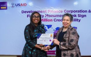 From left: Group Head, Business Banking, First City Monument Bank (FCMB); Mr. George Ogbonnaya; International Funding Officer, Adebanke Aderogba; Head, International Funding and DFIs, Mrs. Olubunmi Smith; Managing Director of the Bank, Mrs. Yemisi Edun; Mission Director of the United States Agency for International Development (USAID), Melissa Jones; ; Private Enterprise Officer of the Agency, Rose Quispe-Lopez; Deputy Political and Economic Section Chief Economic Officer, United States Consulate General, Lagos, Kenise Hill and International Funding Officer, FCMB, Mr. Hakeem Ogunsola, during the signing of a partnership agreement to facilitate $10 million in new loans for underserved borrowers, MSMEs in the health sector and informal businesses from all sectors of the economy on Wednesday, May 8, 2024, in Lagos.
