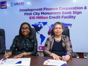 From left: Group Head, Business Banking, First City Monument Bank (FCMB); Mr. George Ogbonnaya; International Funding Officer, Adebanke Aderogba; Head, International Funding and DFIs, Mrs. Olubunmi Smith; Managing Director of the Bank, Mrs. Yemisi Edun; Mission Director of the United States Agency for International Development (USAID), Melissa Jones; ; Private Enterprise Officer of the Agency, Rose Quispe-Lopez; Deputy Political and Economic Section Chief Economic Officer, United States Consulate General, Lagos, Kenise Hill and International Funding Officer, FCMB, Mr. Hakeem Ogunsola, during the signing of a partnership agreement to facilitate $10 million in new loans for underserved borrowers, MSMEs in the health sector and informal businesses from all sectors of the economy on Wednesday, May 8, 2024, in Lagos.