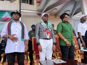 Left to Right, Rivers NLC Chairman, Comrade Alex Agwanwor, Governor Siminalayi Fubara and Prof Mrs Ngozi Odu, Deputy Governor at the 2024 May Day rally at the Yakubu Gowon Stadium Elekahia, Port Harcourt.