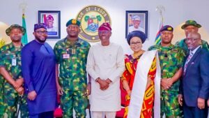 -r: GOC, 81 Division Nigerian Army, Maj. Gen. Mohammed Usman; Lagos State Head of Service, Mr. Olabode Agoro; Chief of Defence Staff (CDS), General Christopher Gwabin Musa; Governor of Lagos State, Mr. Babajide Sanwo-Olu; Secretary to the State Government, Barr. Abimbola Salu-Hundeyin; FOC, Western Naval command, Rear Admiral Mustapha Hassan; AOC Logistics Command, Air Vice Marshal Abubakar Abdullahi and the Attorney General/Commissioner for Justice, Mr. Lawal Pedro (SAN) during the CDS courtesy visit to the Governor, at the Lagos House, Marina, on Monday, 13 May, 2024.