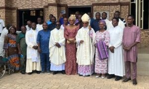Catholic Bishop of Abeokuta Diocese,Most Rev. Dr. Peter Olukayode Odetoyinbo( fourth from right) with members of Catholic Media Practitioners of Nigeria( CAMPAN) Aveokuta Diocese shortly after Holy Mass/ Thanksgiving celebrating this year's World Communications Day.