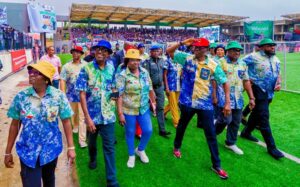 Governor of Lagos State, Mr. Babajide Sanwo-Olu (third right) salutes workers, with him are from right: the State Head of Service, Mr. Olabode Agoro; Chairman, State chapter of the Trade Union Congress (TUC), Comrade Gbenga Ekundayo; his Nigeria Labour Congress (NLC) counterpart, Comrade Agnes Sessi; Chairman, Association of Senior Civil Servants of Nigeria (ASCSN), Lagos Branch, Comrade Olusegun Balogun during the May Day Celebration, at the Mobolaji Johnson Arena, Onikan, Lagos on Wednesday, 01 May, 2024.