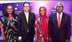 L-R: Company Secretary/Legal Adviser, Dangote Sugar Refinery Plc, Temitope Hassan; Group Managing Director/CEO, Dangote Sugar Refinery Plc, Ravindra Singhvi ; Executive Director, Dangote Sugar Refinery Plc, Mariya Aliko Dangote; and Chairman, Dangote Sugar Refinery Plc, Aliko Dangote, at the Dangote Sugar Refinery Plc 18th Annual General Meeting, on Tuesday, April 30, 2024 in Lagos.