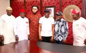 Rivers State Governor, Sir Siminalayi Fubara (3rd right); Chairman, House of Representatives Committee on Public Petitions, Hon Mike Etaba (2nd right); Hon Alex Mascot Ikwechegh (3rd left); Hon Matthew Nwogu (2nd left); and others during a courtesy visit by the committee to the Governor at Government House in Port Harcourt on Saturday evening