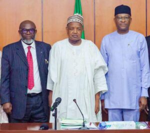 Executive Chairman, Fiscal Responsibility Commission, Mr Victor Muruako; Minister of Budget and Economic Planning, Senator Abubakar Bagudu; and the ministry's Permanent Secretary, Mr Nebolisa Anako, during the Commission's visit to the ministry in Abuja on Tuesday