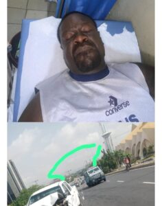 Barrister Olumide Braithwaite in the hospital yesterday. Below are the two vehicles involved in the accident