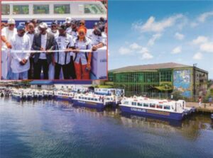 L-R: Some of the newly acquired ferryboats commissioned by Governor of Lagos State, Mr. Babajide Sanwo-Olu at the Bodore Ferry terminal, Lekki, on Wednesday, 29 May 2024. Inset: Alara of Ilara-Epe Kingdom, Oba Olufolarin Ogunsanwo; Executive Vice-Chairman & C.E.O, Caverton Offshore Support Group, Mr. Olabode Makanjuola; General Manager, LASWA, Mr. Oluwadamilola Emmanuel; Governor of Lagos State, Mr. Babajide Sanwo-Olu; his Deputy, Dr. Obafemi Hamzat; Secretary to the State Government, Barr. Bimbola Salu-Hundeyin and the Head of Service, Mr. Olabode Agoro during the commissioning.