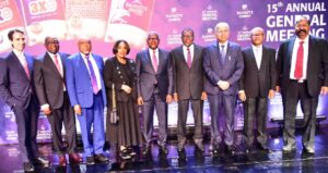 L-R: Independent Non-Executive Director, Dangote Cement Plc, Alvaro Poncioni Merian; Independent Non-Executive Director, Dangote Cement Plc; Ernest Ebi; Independent Non-Executive Director, Dangote Cement Plc; Emmanuel Ikazoboh; Independent Non-Executive Director, Dangote Cement Plc; Dorothy Udeme Ufot; Chairman, Dangote Cement Plc, Aliko Dangote; Non-Executive Director, Dangote Cement Plc, Abdu Dantata; Group Managing Director, Dangote Cement Plc, Arvind Pathak; Non-Executive Director, Dangote Cement Plc, Olakunle Alake; and Non-Executive Director, Dangote Cement Plc, Devakumar Edwin, at the 15th Annual General Meeting (AGM) of Dangote Cement Plc, in Lagos on Tuesday, May 28, 2024.