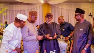 From left, Senator Opeyemi Bamidele, Governor Biodun Oyebanji, Dele Alake and former Governor Niyi Adebayo during the Ekiti Stakeholders meeting in Abuja