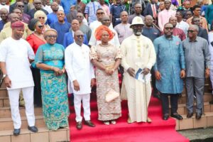Rivers State Governor, Sir Siminalayi Fubara (3rd left); his wife, Lady Valerie Siminalayi Fubara (middle); state Deputy Governor, Prof Ngozi Odu (2nd left); Speaker, State House of Assembly, Rt Hon Victor Oko-Jumbo (2nd right); President, Customary Court of Appeal, Justice Wilfred Hemnacho Obuzor (right); former governorship candidate of Accord Party in 2023 election, Chief Dumo Lulu-Briggs (3rd right); and others, during the thanksgiving service to mark the first anniversary of the Governor Fubara-led administration at St. Paul's Anglican Church, Garrison, Port Harcourt on Sunday.