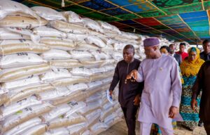 Governor Oyebanji inspecting the bags of grains