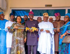Governor Sanwo-Olu, Princess Adejoke Orlope-Adefulire, SSAP-SDGs and Tunji Alausa during the commissioning of Sickle Cell Care Centre Built By OSSAP-SDGs in LASUTH