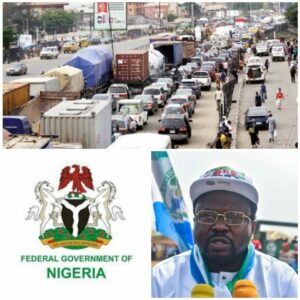 Traffick jam on Lagos-Ibadan Expressway, top, Ambassador Olufemi Ajadi Oguntoyinbo, and the National Coat of Arms