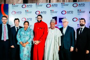 L-R: Vice President for Solutions, AFD Paris, Mr Laurence Biddiscombe; Country Director AFD Abuja, Mr Xavier Muron; Director-General, National Council on Climate Change, Dr Nkiruka Maduekwe; Special Presidential Envoy on Climate Action, Chief Ajuri Ngelale; Minister of Budget and Economic Planning, Senator Abubakar Bagudu; Vice President in charge of Countries, AFD Paris, Mr Philippe Orliange; and Acting Ambassador of France to Nigeria, Mr Jean Francois Hasperue, during the celebration of the 15th Anniversary of Agency Francaise de Development (AFD) in Nigeria in Abuja on Thursday PHOTO: FMBEP