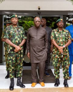 L-R: Major-General Obinna Onubogu, Governor Godwin Obaseki, and Commander, 4 Brigade Nigerian Army, Brig-Gen Ebenezer O. Oduyebo