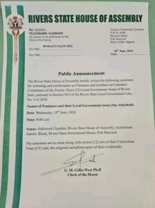 Memo from the Rt.Hon. Oko Jumbo-led three-man Lawmakers loyal to Governor Siminalayi Fubara that surfaced on Wednesday morning June 19 for the of the screening of Caretaker Committee members for the 23 LGAS