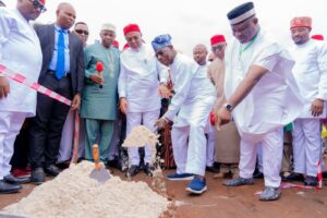 Former President Olusegun Obasanjo (third right) with Governor Hope Uzodimma of Imo State (third left), former Governor Ikedi Ohakim of Imo State (second left), Nze Ozichukwu Chukwu (second right) and others during the ground breaking ceremony of Owerri Central Market Complex at Umuohiadagu, Umualum, Nekede .... Friday