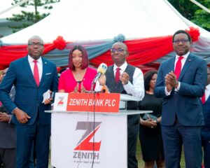 Outgoing Group Managing Director/Chief Executive, Zenith Bank Plc, Dr. Ebenezer Onyeagwu (2nd Right) flanked by Executive Director, Mr. Akin Ogunranti (1st Right); Executive Director, Dr. (Mrs.) Adobi Nwapa (3rd Right) and Executive Director, Mr. Adamu Lawani (4th Right) during the launch of the bank’s state-of-the-art digital LED screen at Ajose Adeogun Roundabout, Victoria Island, Lagos, 30 May 2024