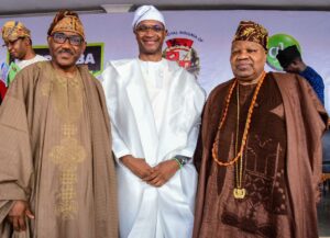 From left: Chief Executive Officer, Metropolitan Motors Limited, Dr. Olutoyin Okeowo; Group Chief Executive, FCMB Group Plc, Mr. Ladi Balogun and a Director of FCMB Group, Professor Oluwatoyin Ashiru, during the Ojude-Oba festival held in Ijebu-Ode, Ogun State on June 18, 2024. FCMB has been a major sponsor of the festival for over 20 years.