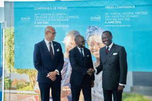 (L-R) Jeremy Awori, Chief Executive Officer, Ecobank Group; Papa Madiaw Ndiaye, incoming Chairman of Ecobank Group and Alain Nkontchou, outgoing Chairman, Ecobank Group,