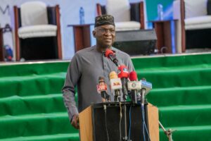 Former Minister of Works & Housing and Lead Presenter, Mr Babatunde Fashola, SAN speaking during the Gombe State Government Symposium with the theme,” From Promise to Progress: Celebrating 5 Years of Transformation in Gombe State Under Inuwa Yahaya” at the International Conference Centre (ICC) Gombe on Tuesday, 28th May, 2024.