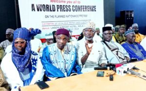 L-R: Alhaji Ibrahim Ali Kimba; Arewa District Head of Apapa, Lagos State; Alhaji Sulaiman Bala Abdullahi, Secretary General, Council of Arewa Chief, Lagos State and Chairman Lagos State Traders Association; Alhaji Shehu Usman Jubrin; Chairman, Arewa Community Lagos State, Alhaji Yusuf Dandare and Chairman Board of Trustee, Arewa Community Lagos State, Alhaji Muhammadu Dandamma Yabo, during the Arewa Community Lagos State World Press Conference on Rejects Planned Nationwide Protest, in Lagos.