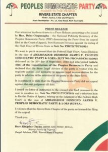 Here is the press statement issued by Kingsley Chuku, Legal Adviser, PDP, Rivers State Chapter disagreeing with the national leadership of the party.jpg