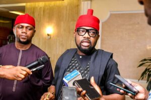 Leader of G-60 opposition lawmakers in the House of Representatives, Hon Ikeagwuonu Michael Ugochinyere (right); addressing newsmen in Port Harcourt on Sunday.jpg