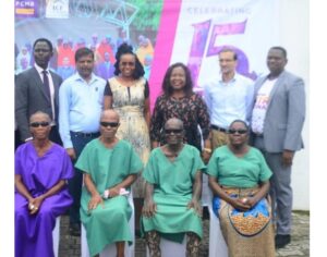 Standing from left: Head, CSR & Sustainability, First City Monument Bank (FCMB), Mr. Omoniyi Iyanda; Council member of the Palace of the Obong of Calabar, Hon Emmanuel Archibong; Represntative of the First Lady of Cross Rivers State/Special Adviser to the Government on Gender Mainstream, Dr Asibong Iyang; Council member of the Palace of the Obong of Calabar, Hon. Ntusam Ntoe; Permanent Secretary, Ministry of Local Government, Mrs. Atom Ekpeyong; an Official of Tulsi Chanrai Foundation (TCF) of India, Dr. Schrilandier and Zonal Head, Calabar of FCMB, Mr. Charles Emefiele with some beneficiaries of the FCMB sponsored Priceless Gift of Sight Initiative during the outreach programme organised by the Bank in partnership with the Foundation to commemorate 15th year anniversary of the initiative in Calabar, Cross Rivers State on July 4, 2024.