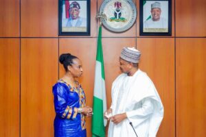 Deputy Director-General of the United Nations Industrial Development Organisation (UNIDO), Ms Fatou Haidara, (left) and Minister of Budget and Economic Planning, Senator Abubakar Bagudu, during the visit of the UNIDO Assistant Director-General and her team to the minister in Abuja on Tuesday 09/07/24 PHOTO: FMBEP