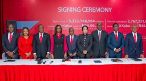 R - L: Executive Director, Zenith Bank Plc, Mr. Louis Odom; Executive Director, Mr. Akin Ogunranti; Chief Executive, Stanbic IBTC Capital Limited, Mr Oladele Sotubo; Group Managing Director/Chief Executive, Zenith Bank Plc, Dame (Dr.) Adaora Umeoji, OON; Company Secretary, Mr. Micheal Otu; Executive Director, Stanbic IBTC Capital Limited, Mrs Oyindamola Akinyemi; Executive Director, Mr. Henry Oroh; Executive Director, Mrs. Adobi Nwapa; and Executive Director, Mr. Adamu Lawani; during the Zenith Bank Capital Raising Signing Ceremony at the Civic Centre, Victoria Island, Lagos, yesterday.