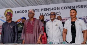 L-R: Lagos Deputy Governor, Dr. Obafemi Hamzat; Governor Babajide Sanwo-Olu; Director General, Lagos State Pension Commission (LASPEC), Mr. Babalola Obilana and the Permanent Secretary, Public Service Office (PSO), Mrs Sunkanmi Oyegbola, during the 105th Retirement Benefit Bond Certificate presentation ceremony at Yard 158 Events Arena, Kudirat Abiola Way, Oregun, Ikeja, on Thursday, July 4, 2024.