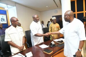 Rivers State Governor, Sir Siminalayi Fubara (right); in a handshake with the Chairman, State Senior Secondary Schools Board, Dr Sam Emejuru (left); during the inauguration of the new board at the Executive Council Chambers of Government House in Port Harcourt on Friday.
