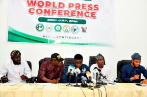 L-R: Chairman, National Association of University Students (Lagos), Miracle Yemoh; Secretary, National Association of Nigerian Students (South-West), Sanni Sulaimon; Chairman, National Association of Nigerian Students (Lagos), Comrade Alimi Idris; President, National Union of Lagos State Students (NULASS), Olufowobi Hafeez and SUG President, Lagos State University, Dolapo Haroun, during a press Conference at Lagos State College of Medicine, Ikeja, Lagos, on Tuesday, July 23, 2024.