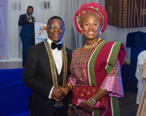 The Managing Director, First City Monument Bank (FCMB), Mrs. Yemisi Edun and the President, Rotary Club of Lagos, District 9112, Mr. Adetunji Lamidi and, during the installation of Mr. Lamidi as the new President of Rotary Club of Lagos, District 9112. The event was held on July 6, 2024, in Lagos.