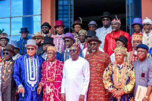 Rivers State Governor, Sir Siminalayi Fubara (8th right); Chairman, State Traditional Rulers Council, Eze Chike Worlu Wodo (9th right); and members of the council during the opening session of the 117th/118th Combined Quarterly General Meeting of the royal fathers' at their State Secretariat, in Port Harcourt on Monday