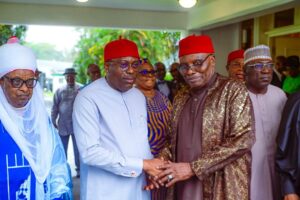 Governor Siminalayi Fubara in handshake with PDP Board of Trustees, BOT Chairman, Senator Adolphus Wabara in Government House,Port Harcourt.jpg